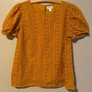 J. Crew Women’s Bronzed Eyelit Puff Short Sleeve Mustard Yellow Orange Top Sz S